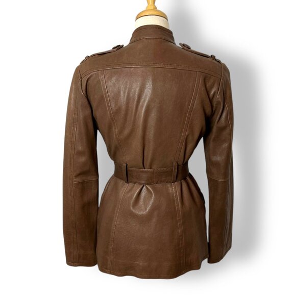 Max Studio Brown Leather Jacket, Belted Nero Collarless Pockets Lined Hip Length - Picture 4 of 11